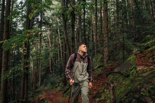 Joven Guapo Con Ropa Casual Camina Por Bosque Las Montañas — Foto de Stock