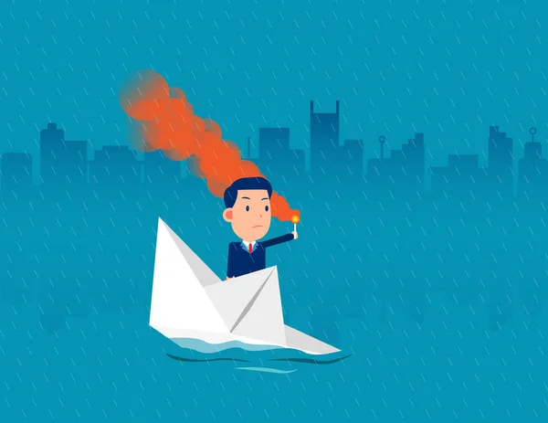 Business Person Boat Capsized Set Fire Seek Help Failure — Stock Vector