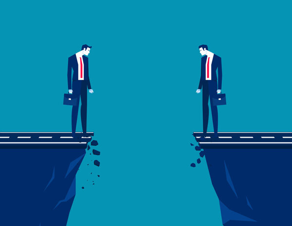 Business and partnership standing on the edge of th eravine and thinking adbout how to meet. Business cooperation and problems