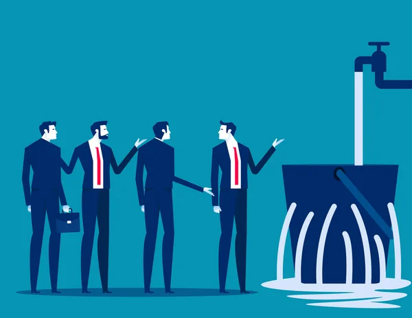 Team with leaking bucket. Business meeting vector illustration