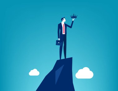 Stands on the peak and holds a crown. Strong business vector illustration