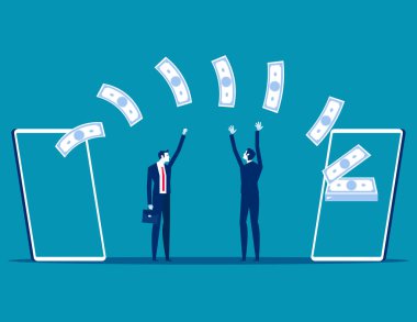 Cep telefonlarıyla para gönderip almak. İş teknolojisi vektör illüstrasyonu