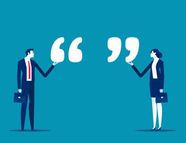 İş adamı tırnak işareti işareti ile ayakta duruyor. İş ilhamı vektör illüstrasyonundan alıntı yapıyor