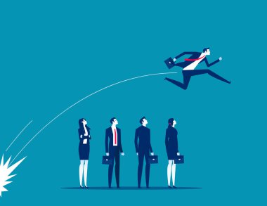 Lider kalabalığın içinden atlıyor. İş dünyası vektör illüstrasyonunu öne çıkarıyor