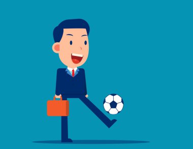 Genç iş adamı futbol oynuyor. İş karikatürü vektör çizimi