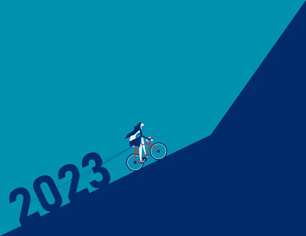Bizneswoman Rowerze Ciągnie 2023 Pod Górę Ilustracja Wektora Wysiłku Gospodarczego — Wektor stockowy