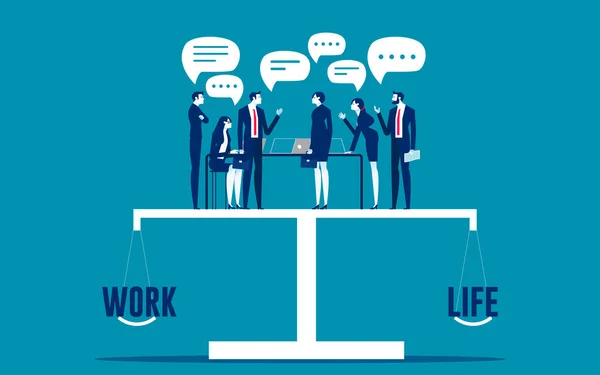 仕事と生活を重視する規模でのビジネスチームのバランス ビジネス漫画のベクトルイラスト — ストックベクタ
