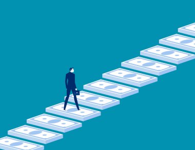 İşadamı para basamaklarını çıkıyor. İş finansal vektör illüstrasyonu kavramı