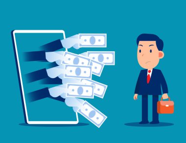 Telefonun içinde sayısız el uzanıyor. İş vektörü illüstrasyonu