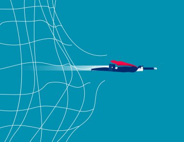 İş adamı ağı kırdı ve uçup gitti. İş vektörü illüstrasyonu