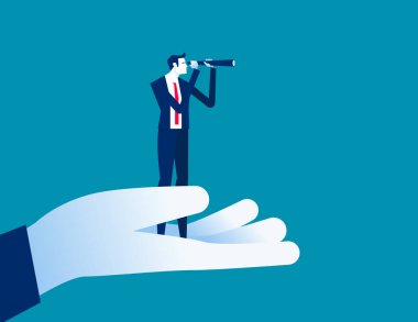 Büyük bir alkış, iş adamının mesafeyi görmesine yardımcı olur. İş vektörü illüstrasyonu