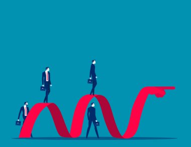 İş ekibi el işaretli ve virajlı yolda yürüyor. İş vektörü illüstrasyon kavramı