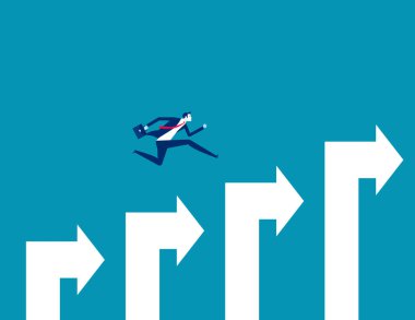 İş adamı grafik sütunlarına atlıyor. Hırs ve başarı kavramı