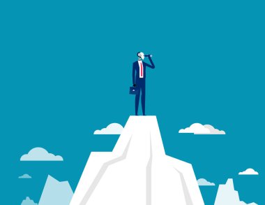 Robot dağın tepesinde teleskop kullanarak başarıyı arıyor. Yapay zeka iş vektör çizimi