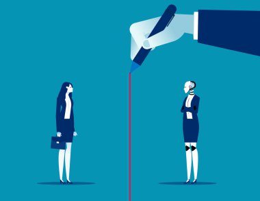 Robot ve insan arasında kırmızı çizgi var. Yapay zeka iş vektör çizimi