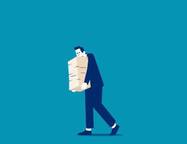 Çok çalışan bir iş adamı büyük miktarda belge taşır. İş yeri vektörü konsepti