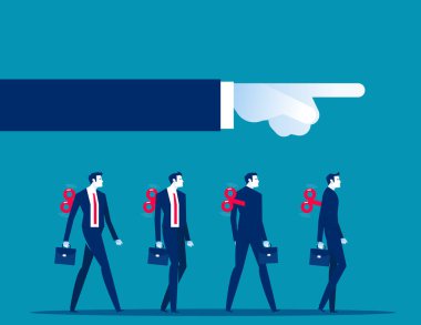 Oyuncak işadamları, büyük eller yönlerini kontrol ederken aynı anda yürür. İş vektörü illüstrasyon kavramı