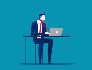 Ofisteki bilgisayara zincirle bağlı bir iş adamı. İş iş iş vektör çizelgesi