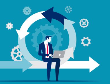 Dizüstü bilgisayarı olan genç biri programları kontrol eder. Ürün yineleme vektör illüstrasyon kavramı