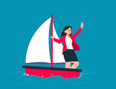 Cesaret ve başarıya giden yol. Yatırımcılar dalgalı pazar konseptinde kağıt teknede duruyorlar.