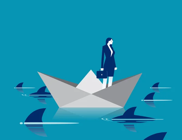Persona Pie Barco Origami Rodeado Tiburones Concepto Ilustración Vectorial — Vector de stock