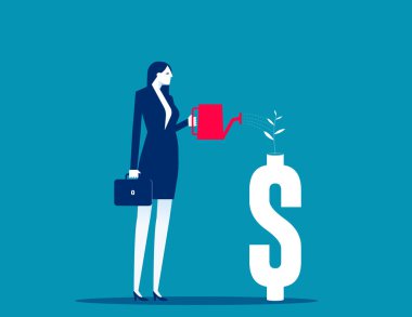 Yatırımcı sulama bitkisi dolar işaretinden büyüyor. Büyüyen iş konsepti vektosu kazancı
