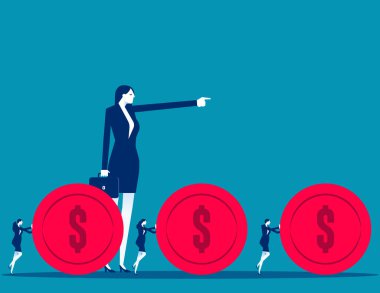 Patron yorgun ve çok çalışan çalışana madeni parayı ileri sürmesini emreder. İş aşırı çalışan vektör konsepti