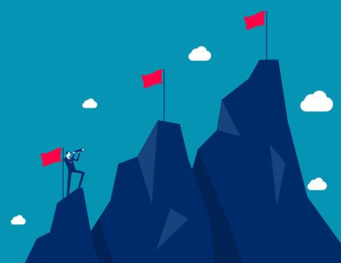 Ambition to success and achieve target, career growth or business goals, challenge to win, achievement or victory concept, motivated businessman reach mountain peak aiming to achieve higher targets