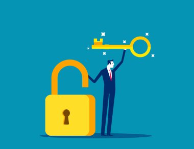 Kilidi açmak için altın anahtar, iş problemini çözmek, çözüm vermek için profesyonel iş anahtarı, iş erişilebilirlik kavramını açmak ya da kilidi açmak için akıllı iş adamı ped kilidini açmak için altın anahtarı elinde tutuyor