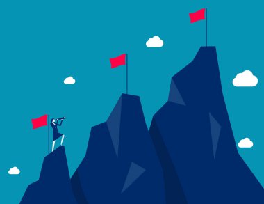Ambition to success and achieve target, career growth or business goals, challenge to win, achievement or victory concept, motivated businessman reach mountain peak aiming to achieve higher targets