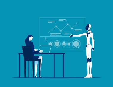 Robot! Robotla konuşan ve iş pazarlaması hakkında tahmin yürüten iş adamı, Yapay Zeka ticari başarıyı destekler