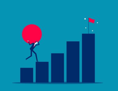 Sorun konsepti. Başarıya ulaşmak için çabala. Zor bir görev, başarıya ulaşmakta zorluk, zorlukların üstesinden gelmek, ağır ya da ağır kaya üzerinde, yorgun iş adamı başarıya ulaşmak için ağır kayalar taşıyor..