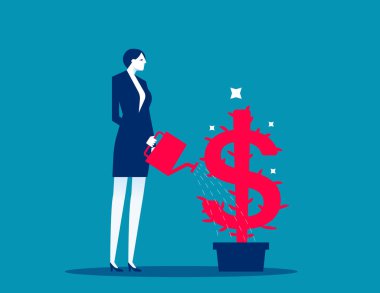 Gelir büyüme konsepti. Bölünmeler yatırım, büyüyen kar veya hisse senedi gelirleri, para veya zenginlik artışı, yatırım başarısı, büyüyen yatırımcı büyüyen dolar para santralini sulayan işadamı.