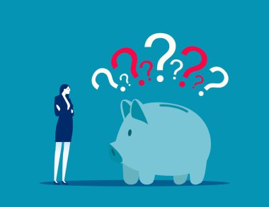 Tasarruf sorunu kavramı. Bankacılık ya da ekonomik belirsizlik. Mali soru, şüphe ya da karışıklık, tefekkür ya da para çözümü, zenginlik kavramı, kafası karışmış iş adamı domuz kumbarası ve soru işaretleri.