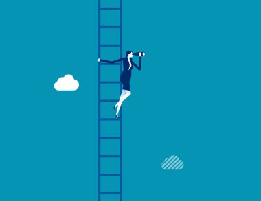 Kariyer fırsatı, iş başarısı vizyonu ya da yeni bir iş arayışı, liderlik vizyonu, hedef, gelecek ya da iş keşfi konsepti arayışı, iş kadını teleskop merdiveni üzerine tırmandı.