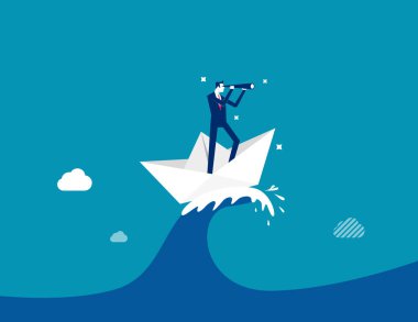 Fırsatı görme vizyonu, başarıya götüren liderlik, meydan okuma, hedef arama, iş konsepti kazanma stratejisi, iş adamı lideri fırtınalı okyanustaki gemiye dürbünle bakıyor..