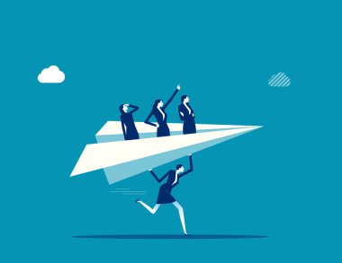 Başarı için danışman veya destek çalışanı, hedefe ulaşmada yardımcı olacak yönetici veya danışman, iş koçluğu veya danışman uzman konsepti, iş adamı yöneticisinin takım arkadaşlarıyla kağıt uçak origamisi başlatması.
