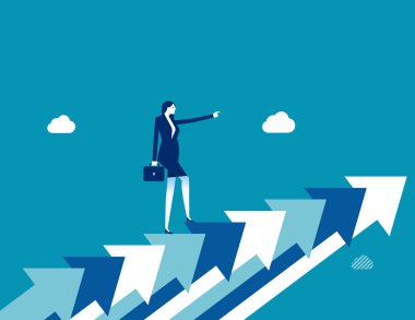 Kariyer büyümesi, büyüyen iş ya da liderlik zorlukları aşmak için motivasyon, başarı için motivasyon, kariyer geliştirme ya da başarı kavramı için hırs, büyüyen ok merdivenlerinde yürüyen iş kadını