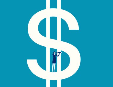 Kadın dolar sembolünden çıkar ve uzaklığa bakar. Vektör Adam Dolar Sembolü 'nden çıkıyor ve Uzaklık' a bakıyor