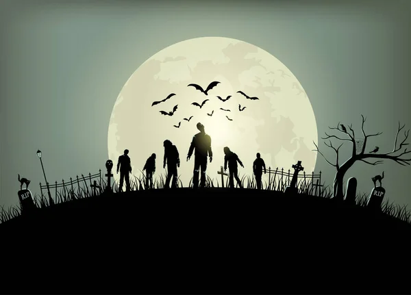 Halloween Spooky Notte Poster Silhouette Zombie Piedi Vector Illustration — Vettoriale Stock