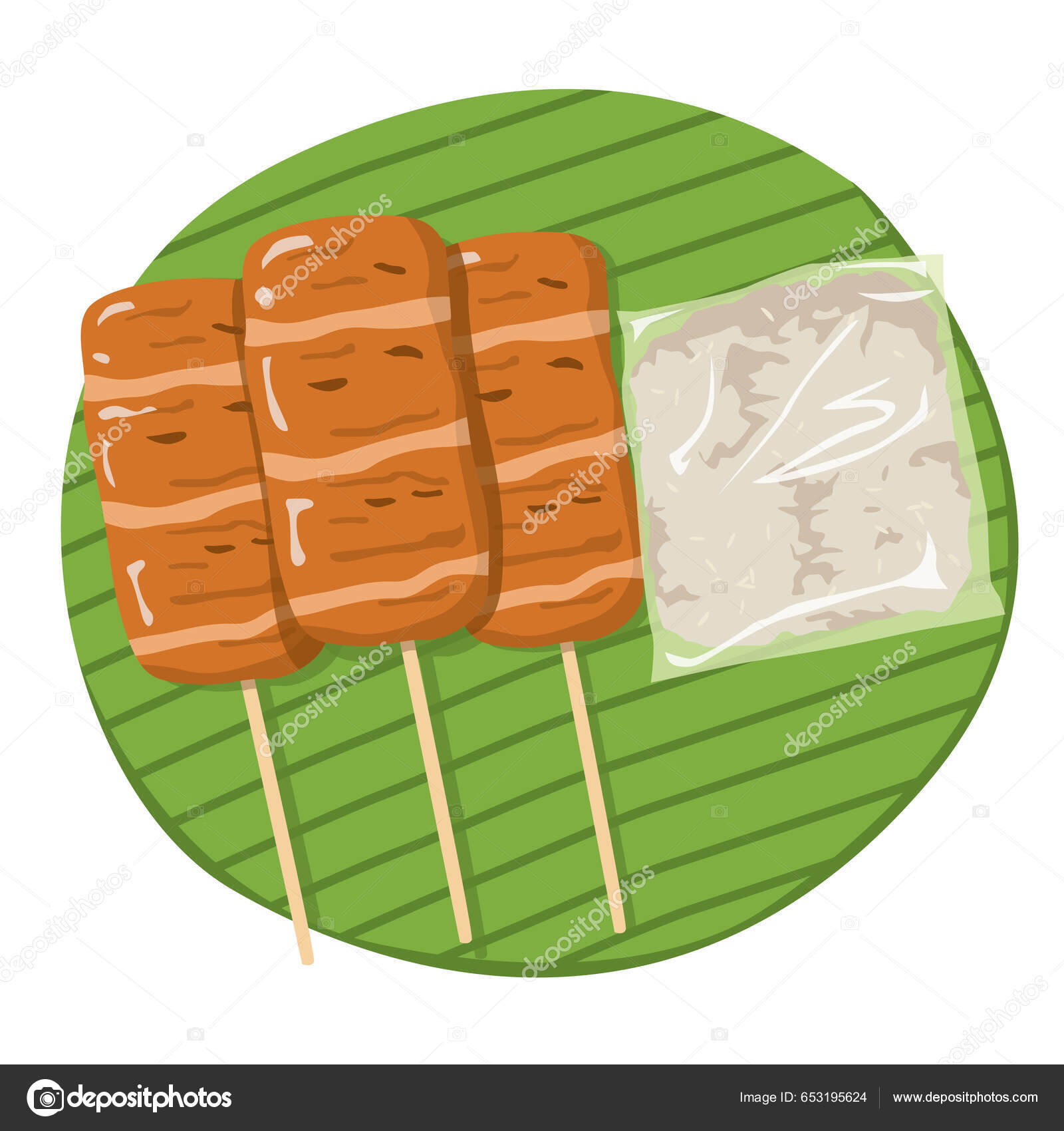 Grilled Pork Skewers Sticky Rice Illustration Stock Vector by