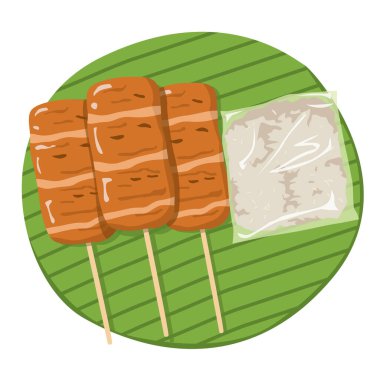 Izgara Domuz Şişleri ve Yapışkan Pirinç İllüstrasyonu