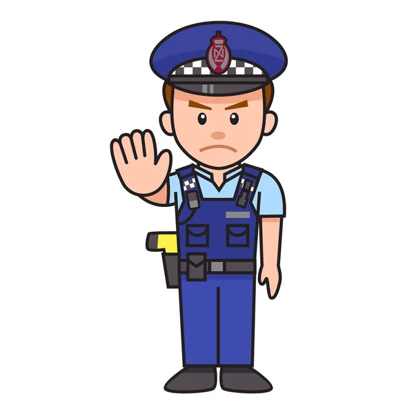 かわいい漫画ニュージーランド警察は手を停止記号を行う — ストックベクタ
