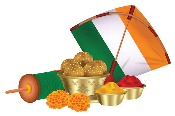 快乐的Makar Sankranti节与纸盒和芝麻种子球或Tilgul Ladoo — 图库矢量图片