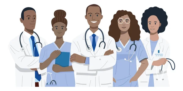 Grupo Médicos Enfermeiros Africanos Ilustração —  Vetores de Stock