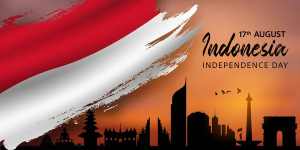 Patriot Day Background Indonesia Independence Day Skyline Silhouette Vector — Stock Vector