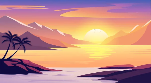 Sonnenuntergang Strand Landschaft Illustration Sommer Hintergrund Vektor — Stockvektor