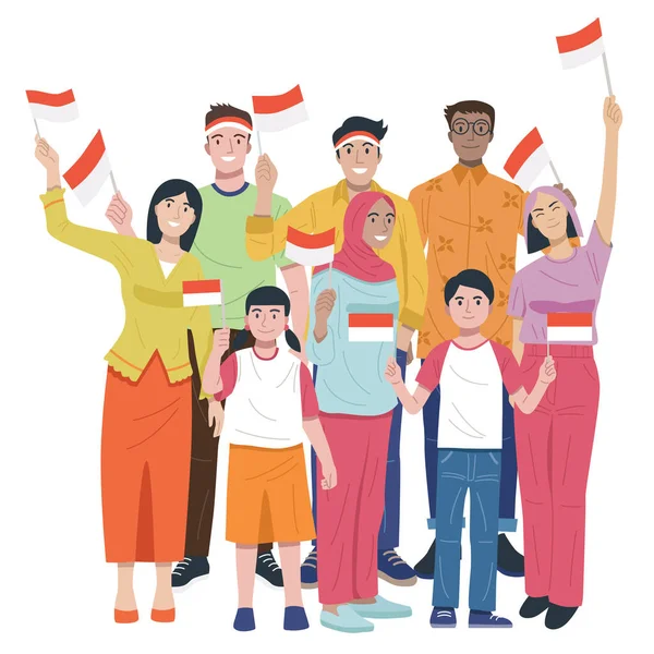 Indonesische Onafhankelijkheidsdag Groep Jongeren Met Kleine Vlaggen Vector — Stockvector