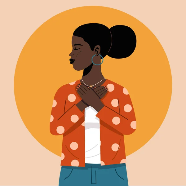 Ung Afrikansk Kvinna Lägger Händerna Bröstet Vektor — Stock vektor