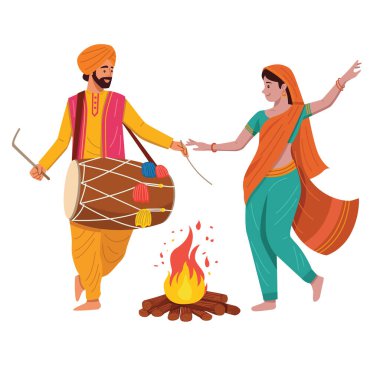 Geleneksel kıyafet giymiş Hintli erkek ve kadın Lohri Festivali 'nde halk dansı yapıyorlar.